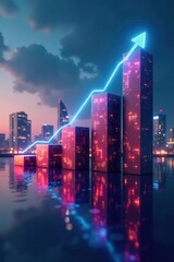 Fototapeta premium Upward trending financial bar chart merges with a modern city skyline , development, tower, architecture