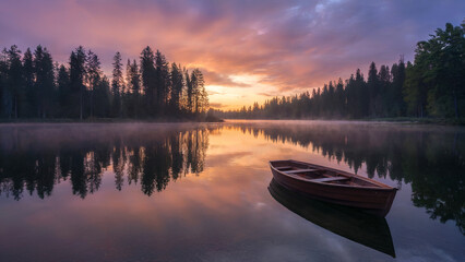 Beautiful sunrise over a misty lake with a wooden boat serene landscape
