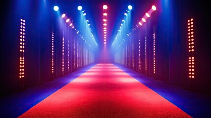 A vibrant stage setup featuring a red carpet leading to a bright focal point,