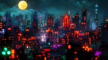 Obraz premium Vibrant cityscape night featuring colorful buildings illuminated by neon lights full moon, creating magical atmosphere