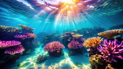 Obraz premium Colorful coral reef underwater with sun rays penetrating clear water, vibrant marine life scene for ocean exploration, environmental conservation, and nature tourism backgrounds