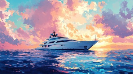 A luxury yacht is cruising through clear blue waters under a bright sky,