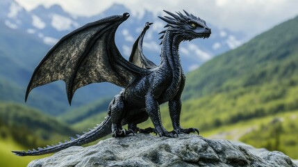 A fierce, winged dragon with sharp claws and spiky scales stands atop a rocky outcrop,
