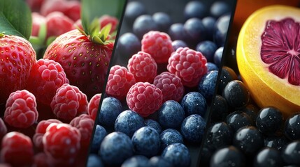A vibrant illustration featuring three sections of assorted fruits: on the left, a whole strawberry with green leaves,