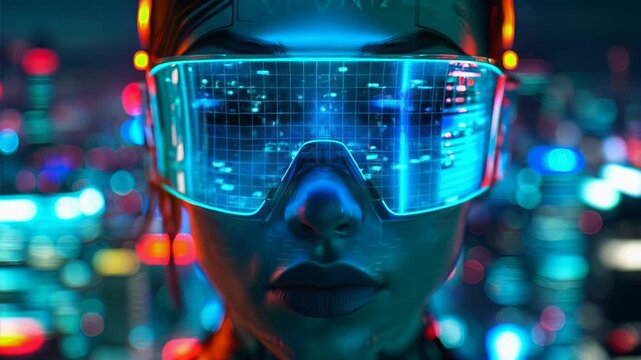 Young woman wearing futuristic glasses. Virtual reality metaverse. Augmented reality interface and digital world. Concept of future technology, AI and cybernetics . - Powered by Adobe