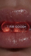 Obraz premium Embracing Wellness: A close-up shot of lips holding a capsule etched with the affirmation 