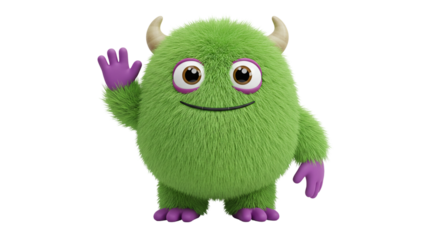 A green furry monster with purple hands and feet waving on a black background in a studio shot business, data
