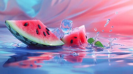 A vibrant slice of watermelon surrounded by splashes of water and ice cubes,