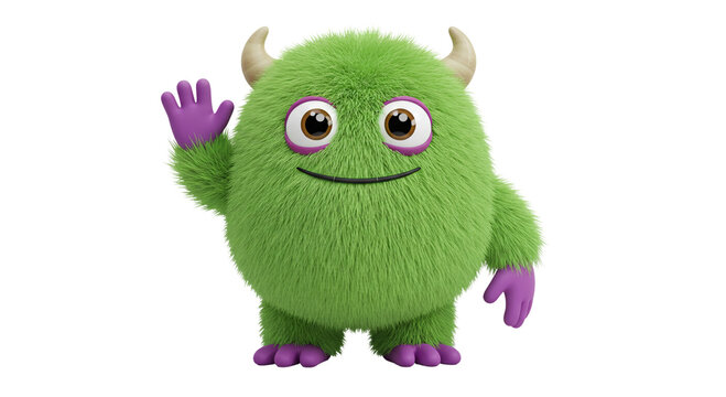 A green furry monster with purple hands and feet waving on a black background in a studio shot business, data