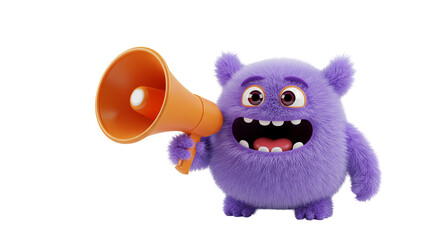 A purple furry monster holding an orange megaphone and smiling on a black isolated background image business, data © Menomoin Joseph