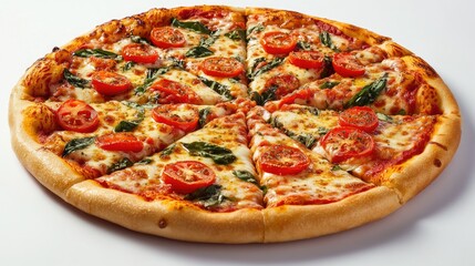 A freshly made pizza topped with sliced cherry tomatoes,