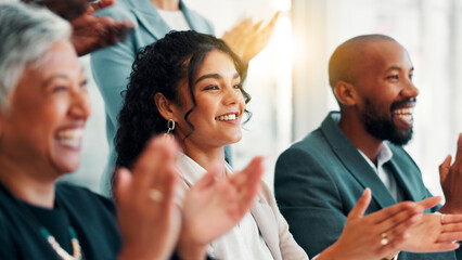 Business people, seminar and applause in celebration, meeting or negotiation success at office....