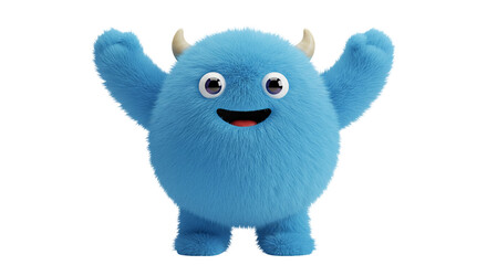 A fluffy blue monster with small horns and a cheerful expression raising its arms on a black background business, data © Menomoin Joseph