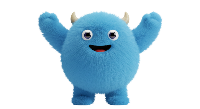 A fluffy blue monster with small horns and a cheerful expression raising its arms on a black background business, data