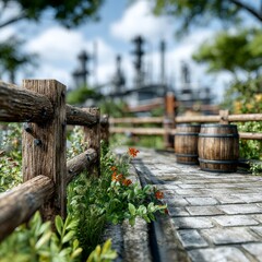 Naklejka premium A rustic wooden fence and barrels line a stone path leading to a distant industrial landscape under a sunny sky.