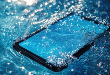 a smartphone submerged in clear blue water creates a captivating display of bubbles and reflections.