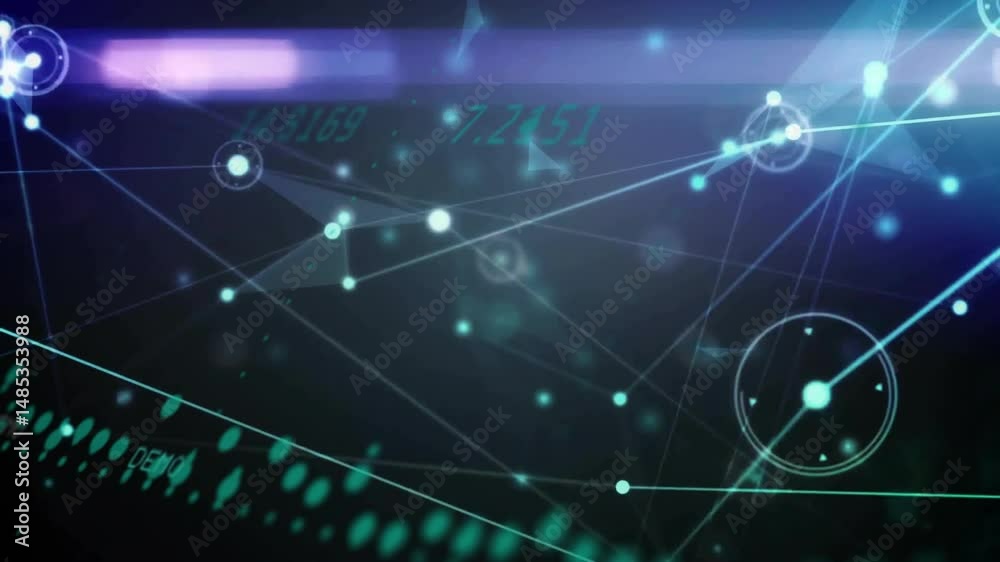 Poster abstract glowing nodes connecting and floating in 3d render of holographic network with teal lines