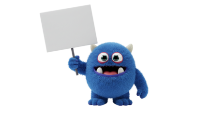 A blue furry monster with big eyes holding a blank sign up in the air on a black background scene business, data