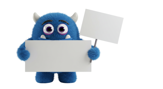 A blue furry monster holding two blank white signs on a black background with a sad expression business, data - Powered by Adobe