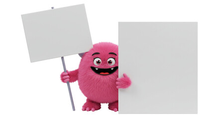 A pink furry monster holding two blank white signs on a black background with a smiling expression business, data