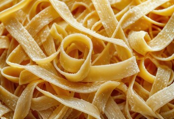 a close-up view of uncooked, flour-dusted fettuccine pasta creating a textured and inviting culinary background.
