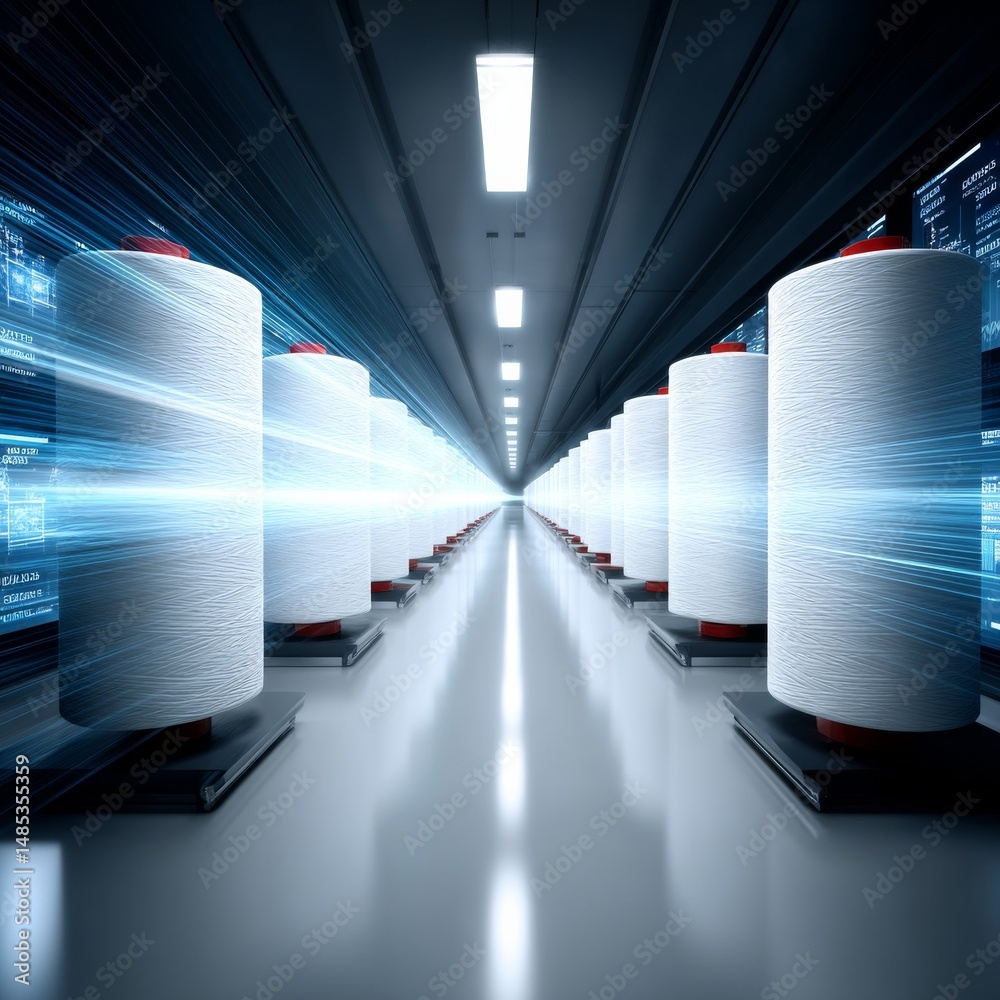 Poster Industrial Fiber: Spools of Thread in a Bright Futuristic Factory with Digital Data Streams and Advanced Lighting.