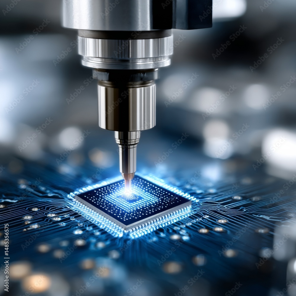 Poster Precision Engineering: A CNC Machine Carefully Engraving a Glowing Microchip with Intricate Blue Circuits