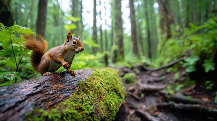 Squirrel on mossy log in lush forest, surrounded by tall trees and greenery, creates serene atmosphere