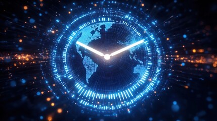 Futuristic digital clock featuring a glowing blue holographic world map with abstract circular data visualization elements and bright light trails on a dark background