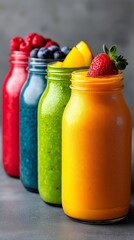Vibrant Smoothie Variety: A visually stunning array of colorful smoothies, each brimming with fresh fruits, is meticulously arranged, inviting a taste of health and refreshment.
