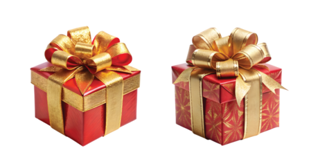 Festive Gift Box with Ribbon: A festive gift box wrapped in red and gold with a big bow, isolated on white background, PNG