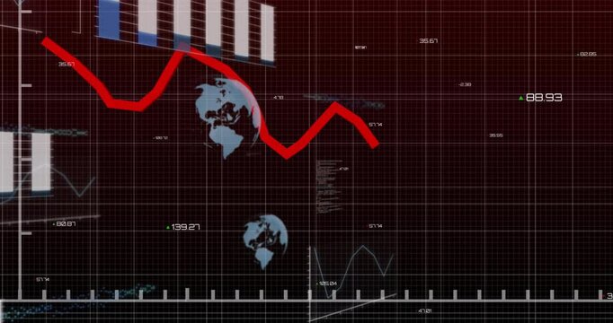 Red zigzag line graph being shown on dark red grid, featuring bar charts, code, globe icons
