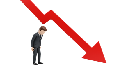 A sad businessman standing under a large red arrow pointing downwards on a black background scene