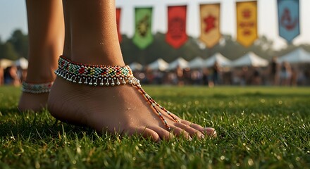 Walking Barefoot on Grass with Beaded Anklet at Outdoor Event