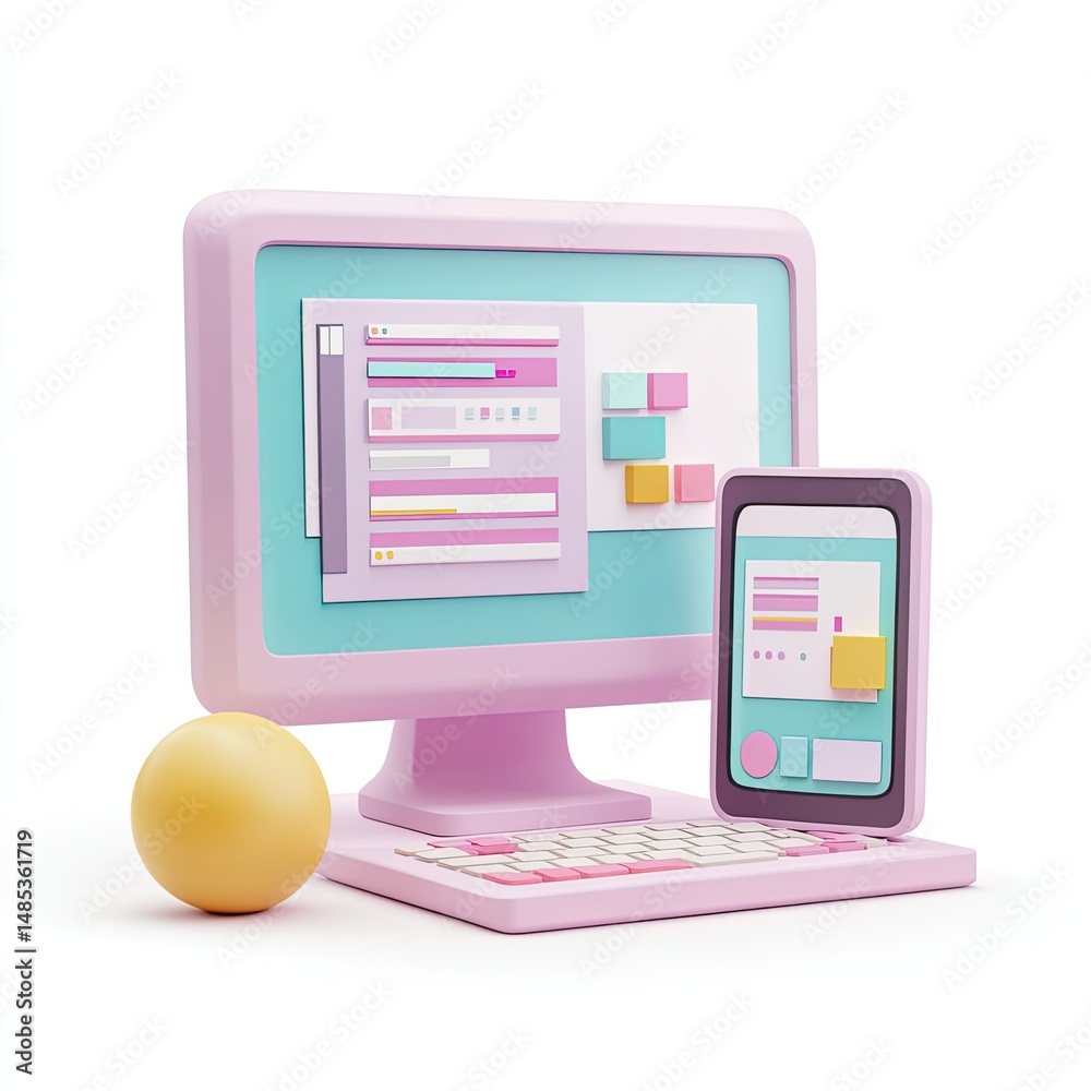 Fototapete Pastel-toned 3D model of a desktop computer and mobile device, illustrating design software