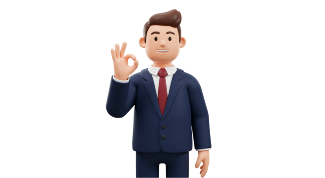 Cartoon businessman in a suit making an ok hand gesture against a plain background in a studio shot