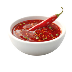 White bowl holds a deep red chili sauce, garnished with a chili pepper. The image emphasizes the vibrant color and texture of the sauce.