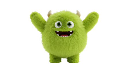 A fluffy green monster with small horns and a big smile raising its arms on a black background