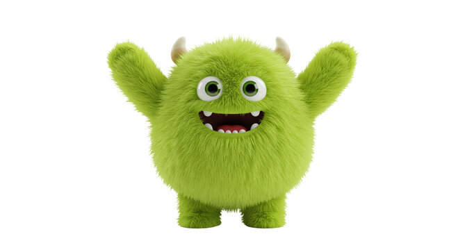 A fluffy green monster with small horns and a big smile raising its arms on a black background