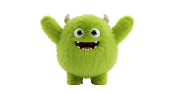 A fluffy green monster with small horns and a big smile raising its arms on a black background