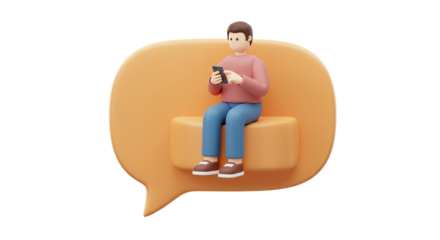 Cartoon man sitting on a speech bubble holding a phone looking at the screen in a digital rendering