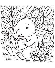 Coloring book capybara sits amongst foliage and flowers, leaning against a log while reading a book