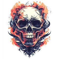 Ornate skull design engulfed in fiery flames.
