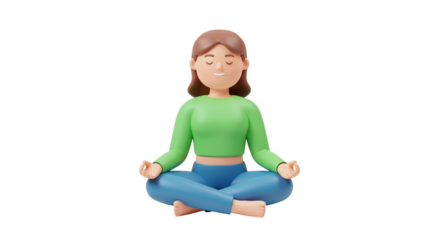 Cartoon woman meditating in lotus position for mindfulness and relaxation yoga and wellness lifestyle