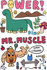 Kid drawing style vector illustrations of dinosaur, leaves, mushroom, flower in flower pot, mountain, dino letters, banana, apple, clock, weights, skipping rope for cartoon, comic, characters, nature