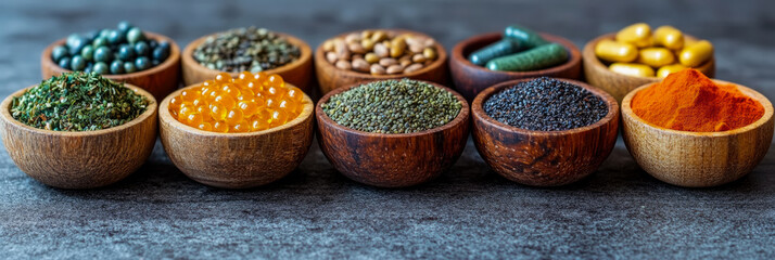Fototapeta premium Assortment of Spices, Seeds and Supplements in Wooden Bowls