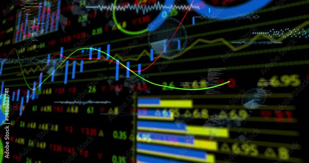 Poster multi-layered data visualization showing moving finance graphs and gauges on flat design dashboard