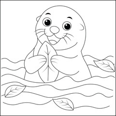 Cute Otter Floating with a Leaf in the water Line Art coloring page