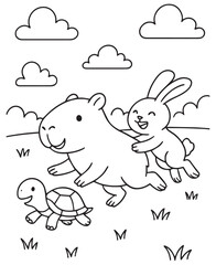 Coloring book  capybara runs with a laughing rabbit clinging to its back, while a cheerful tortoise follows behind under fluffy clouds