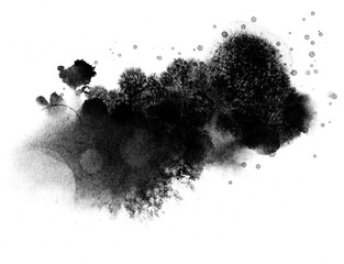 Abstract ink background, grunge art. Black paint stroke texture on white paper in marble style. Wallpaper for web design and games. Hand drawn watercolor isolated illustration